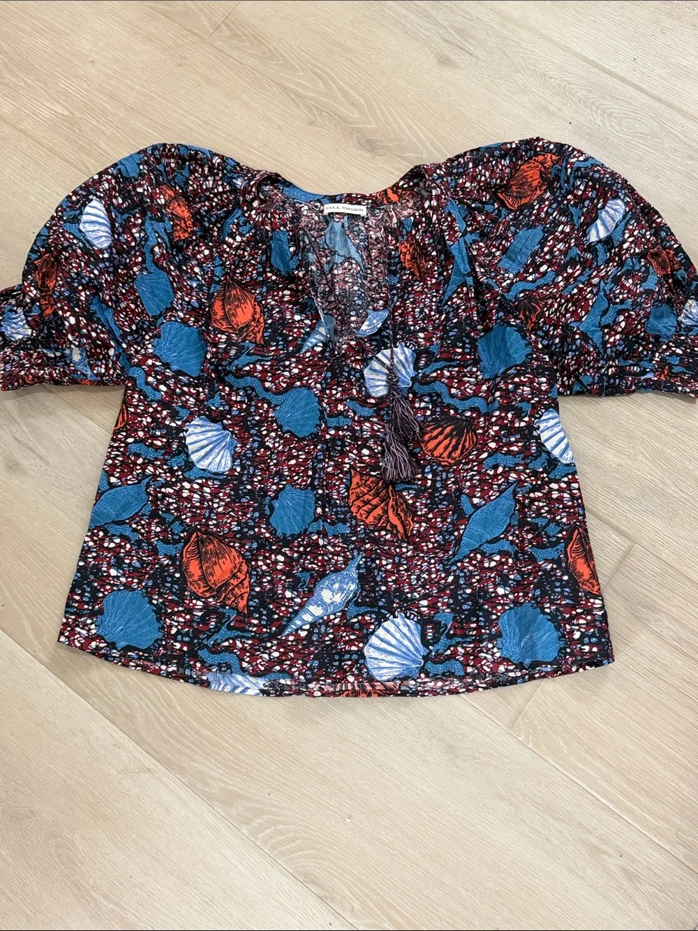 Ulla Johnson Seashell Print Cotton Poplin Puff Sleeve Top Size 6